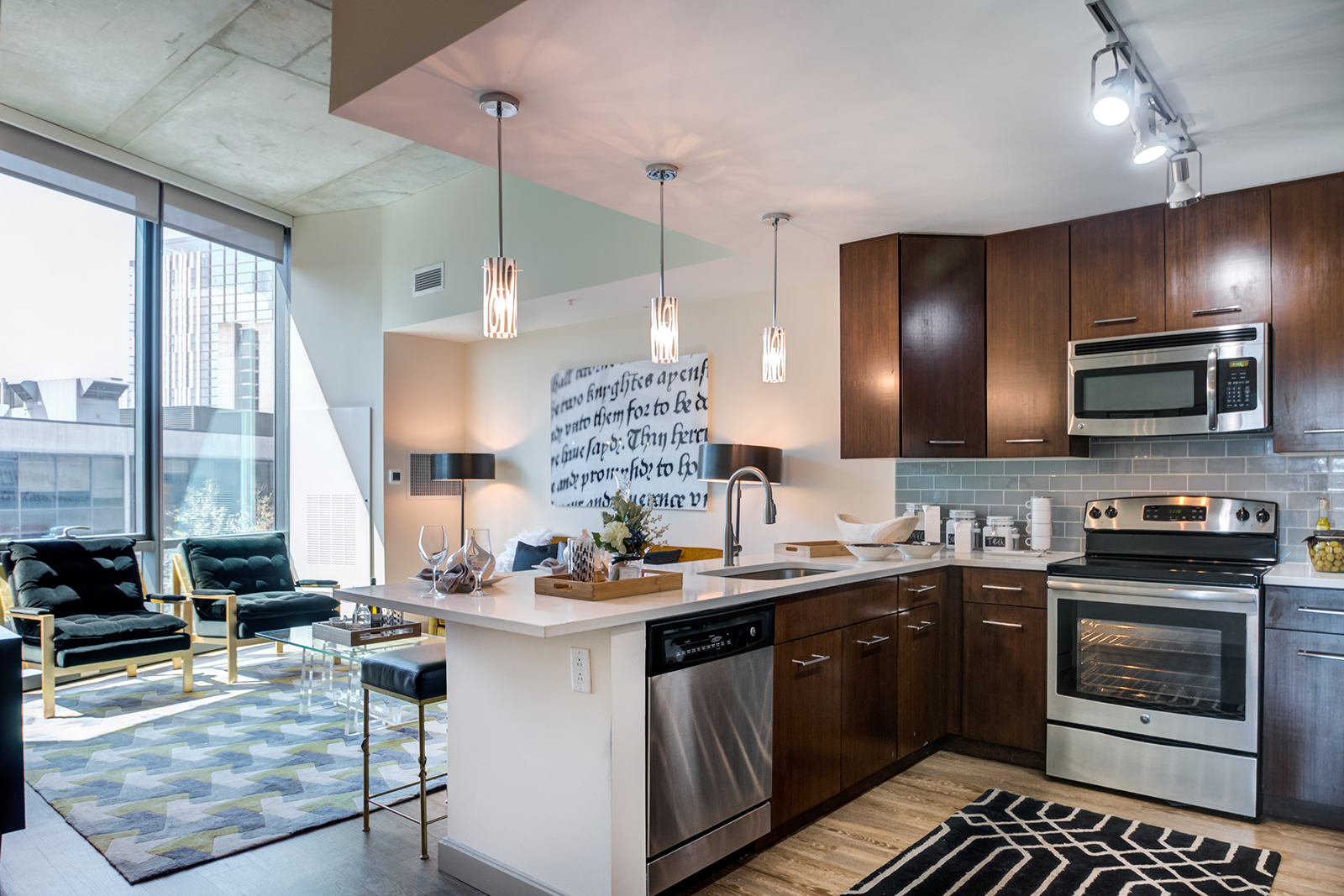 luxury philadelphia apartment kitchen living room view